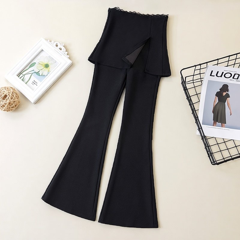 2026春季新款设计感蕾丝边开叉微喇裤女加大码高腰提臀收腹休闲裤,女装/女士精品,大码裤装,淘宝优惠券,粉丝福利购,淘宝优惠卷