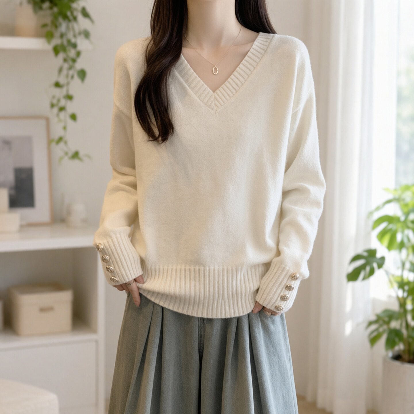 胖MM温柔气质软糯亲肤毛衣女2026秋冬新款简约V领宽松易搭针织衫