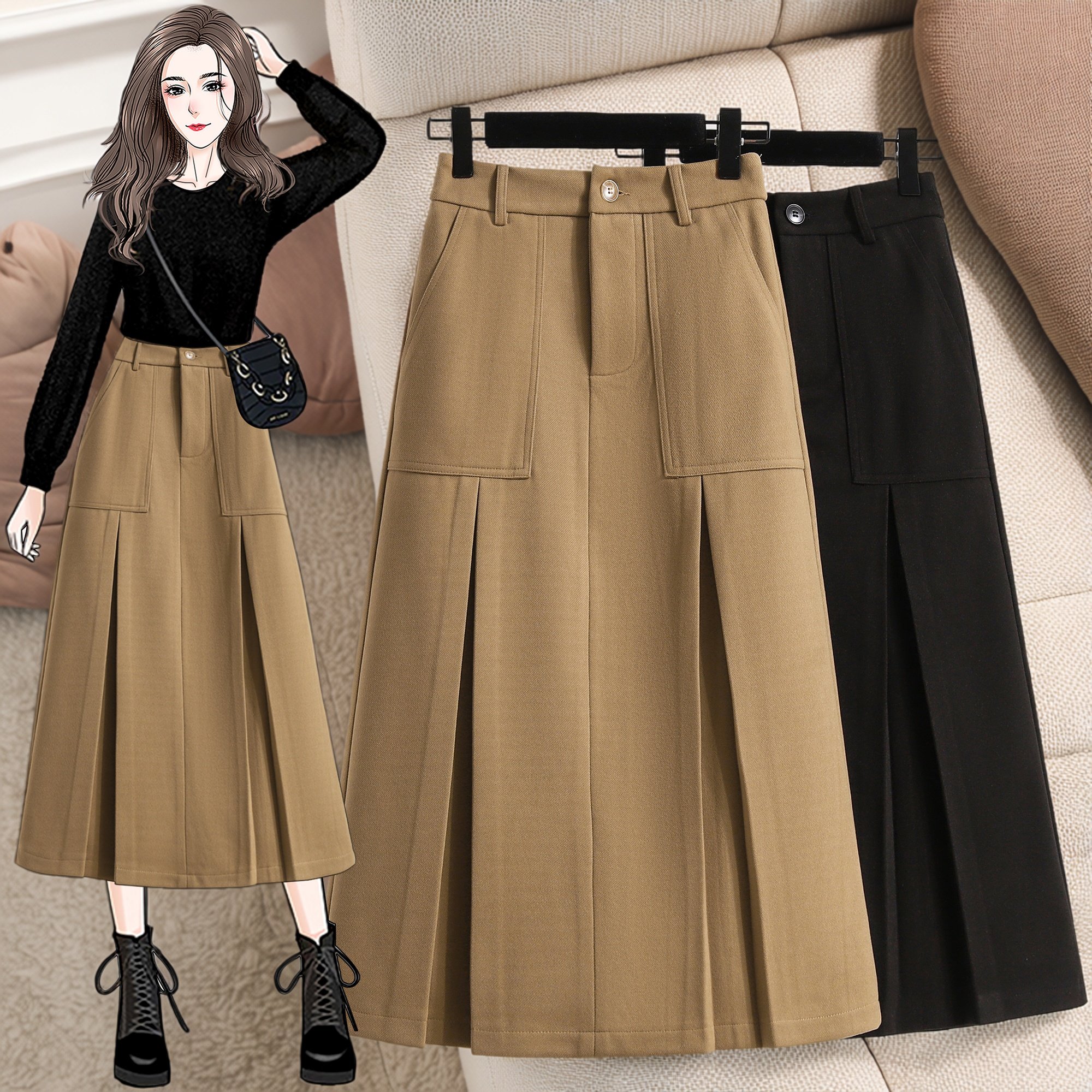 2025秋冬新款复古拼接开叉毛呢半身裙女加大码高腰遮胯显瘦A字裙,女装/女士精品,大码半身裙,淘宝优惠券,粉丝福利购,淘宝优惠卷