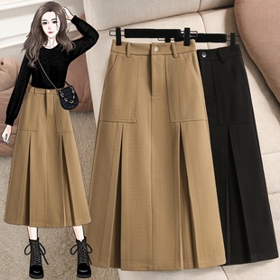 2025秋冬新款 高腰遮胯显瘦A字裙 复古拼接开叉毛呢半身裙女加大码