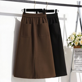 高腰遮胯显瘦中长裙潮 松紧腰开叉毛呢半身裙女加大码 2025秋季 新款