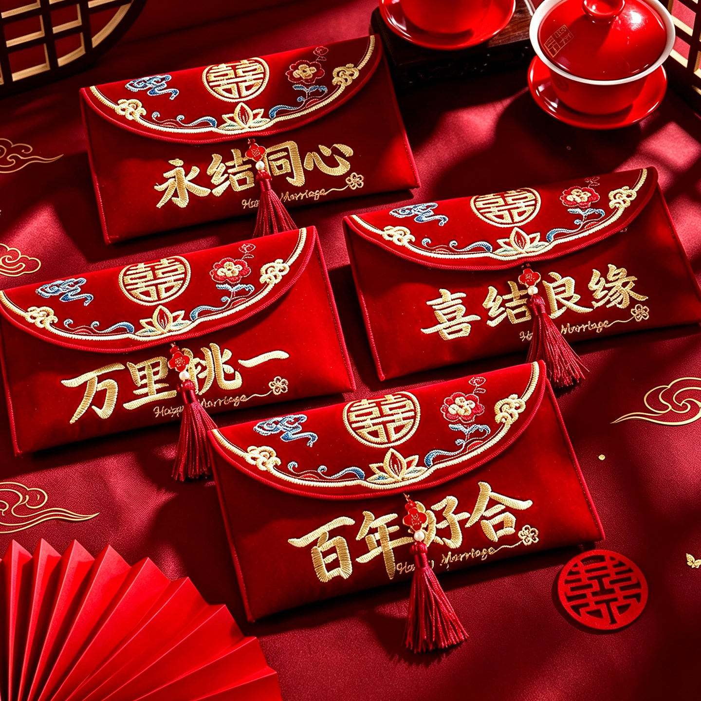 喜字红包结婚改口红包新款绒布刺绣流苏红包婚礼随份子万元红包