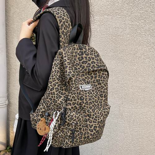 帆布豹纹大学生双肩背包男女百搭