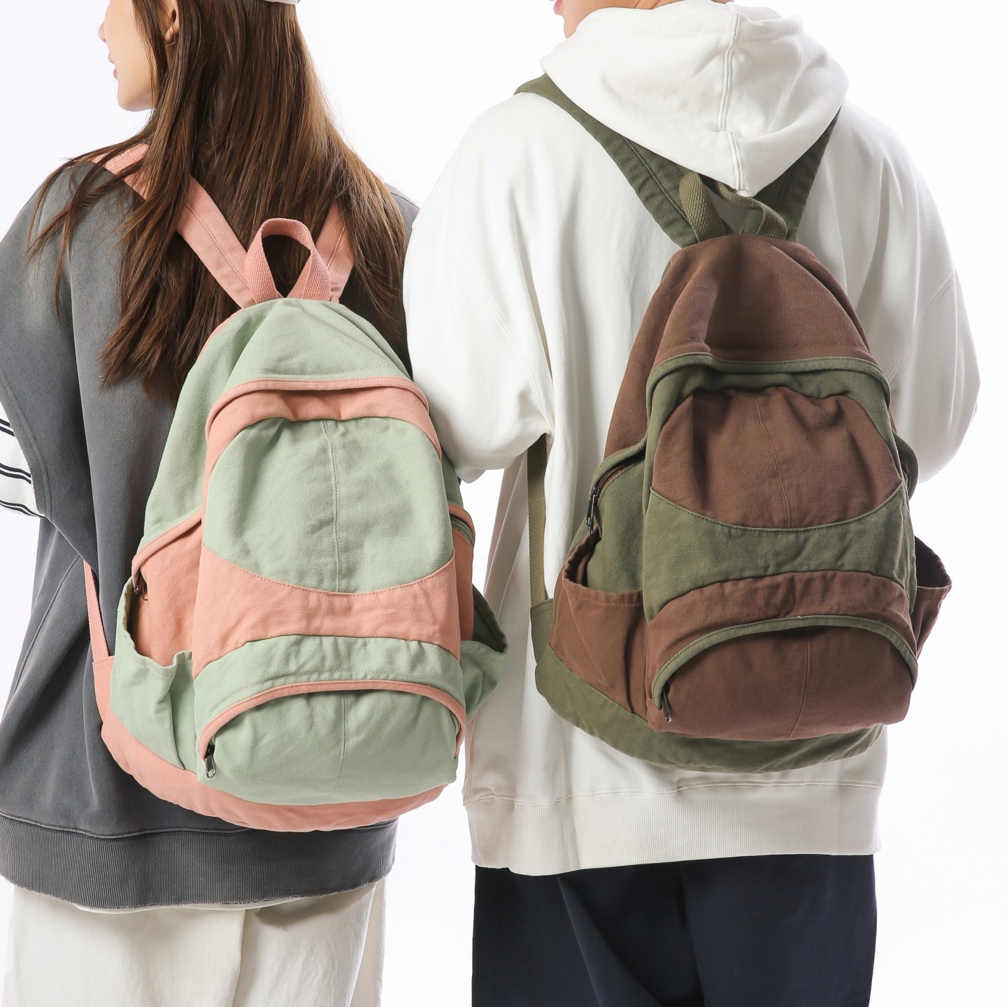 港风复古拼色水洗帆布书包女大学生百搭通勤双肩包旅行轻便背包男