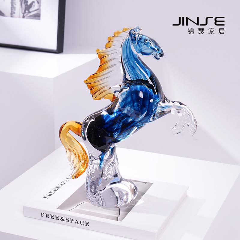 艺术玻璃奔腾马摆件马到成功现代轻奢客厅办公室玄关酒店送礼装饰