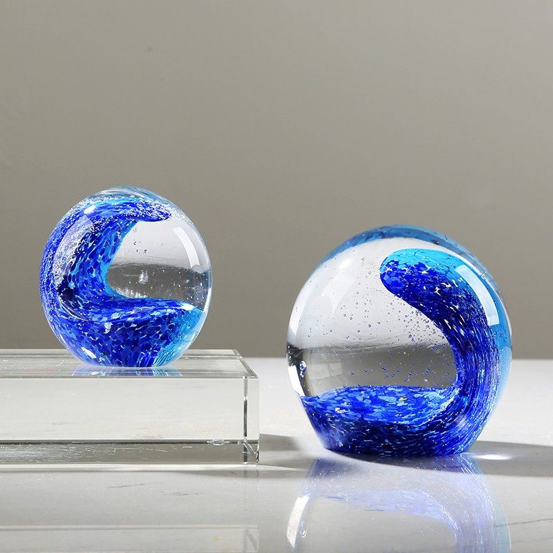 艺术玻璃海浪球艺术摆件现代轻奢客厅酒店样板房博古架玄关装饰品