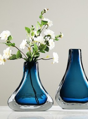 现代轻奢蓝色艺术玻璃花瓶摆件客厅餐厅玄关可水培插花花器装饰品