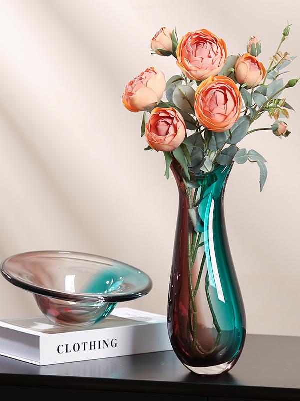 玻璃彩色花瓶果盘套装摆件现代艺术客厅茶几电视柜可水培花器装饰