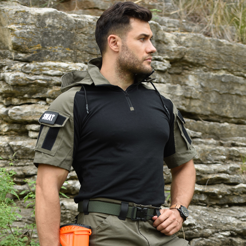 涵野夏季军事风战术迷彩训练短袖男工装连帽蛙服T恤夏潮