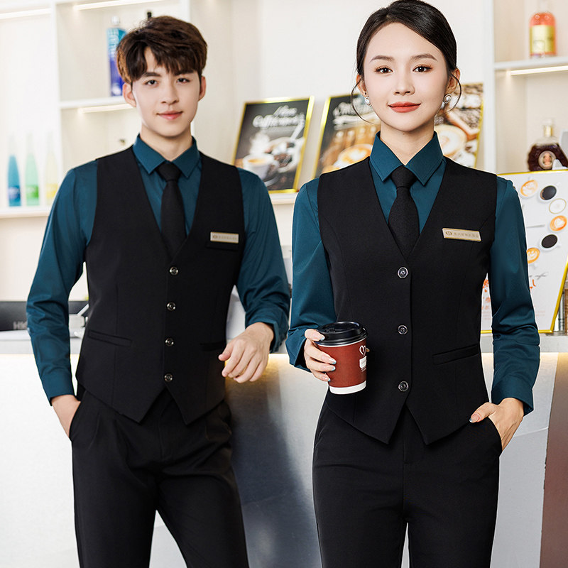 KTV服务员工作服定制绣logo酒店餐饮西餐厅男女马甲衬衫三件套装