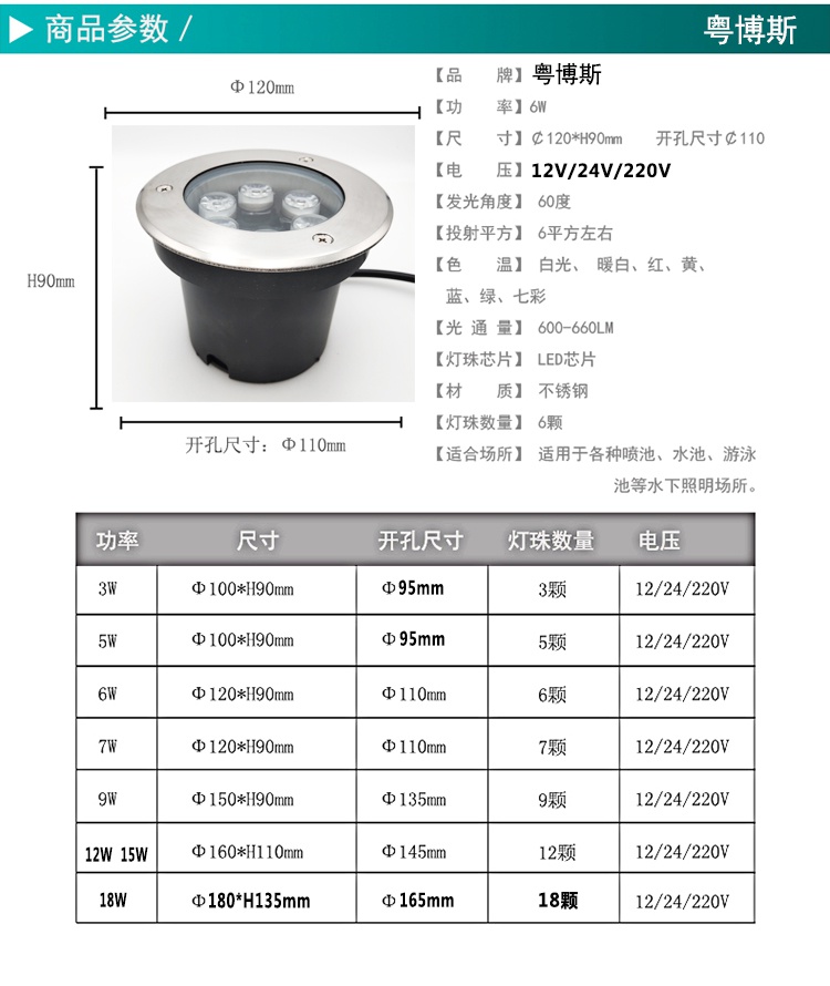 新款LED水底灯水下地埋灯游泳池灯七彩防水不锈钢鱼池涌泉灯喷泉