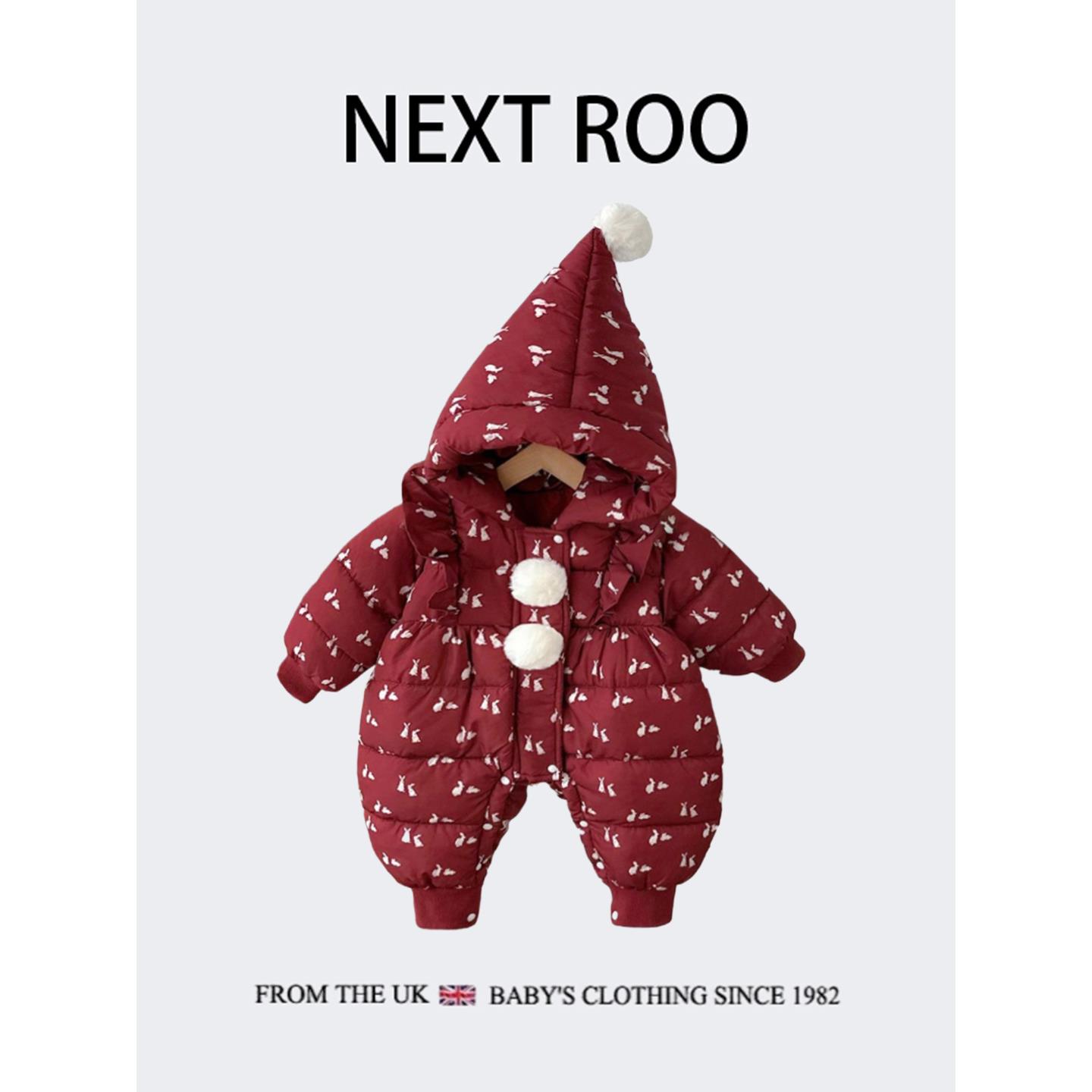 英国Next roo婴儿加厚连体羽绒棉服宝宝秋冬红色可爱卡通连帽爬服