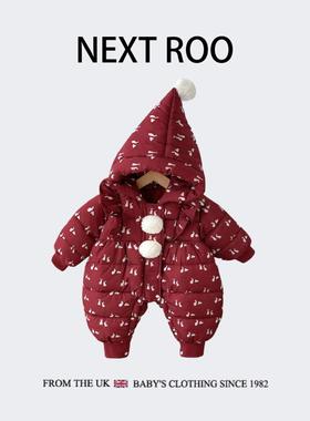 英国Next roo婴儿加厚连体羽绒棉服宝宝秋冬红色可爱卡通连帽爬服