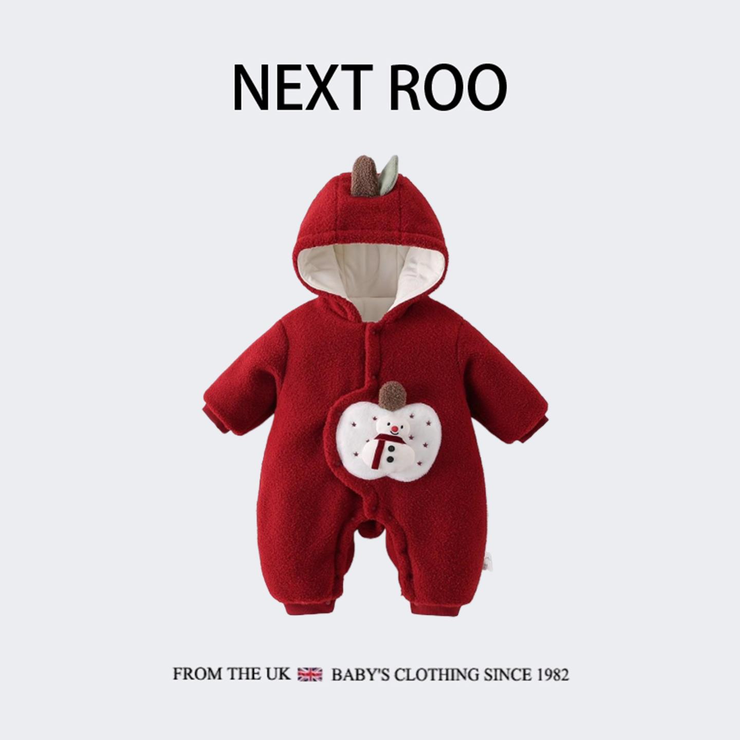 英国Next roo婴儿冬装厚款棉衣加绒夹棉连体衣宝宝卡通新年爬爬服