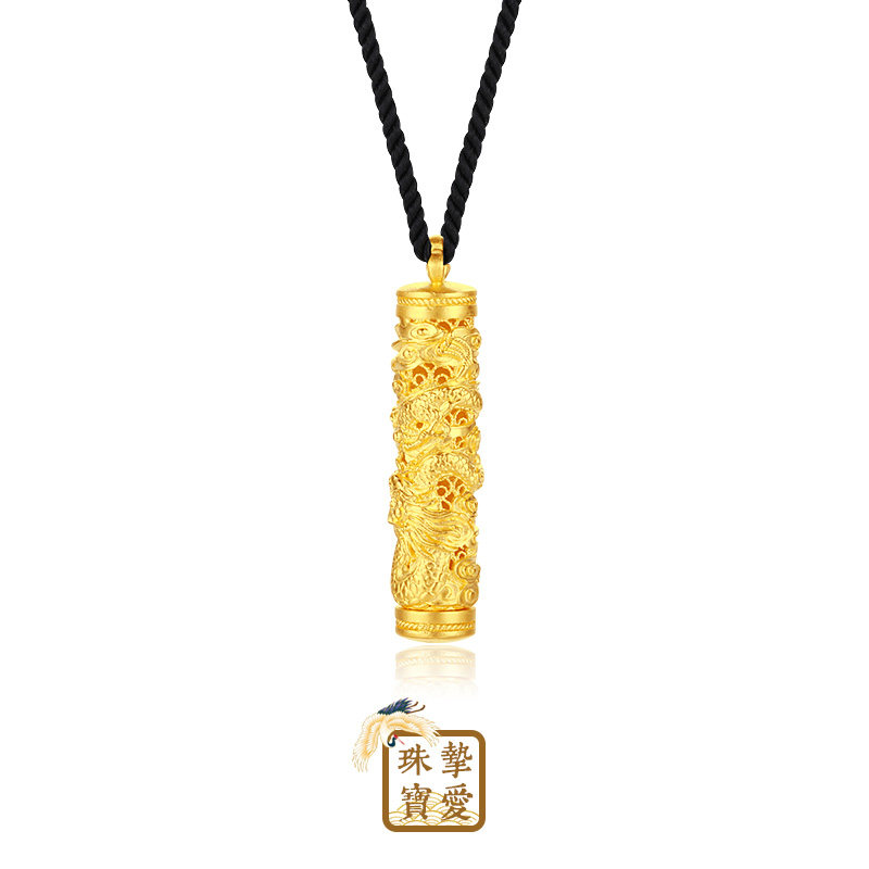 古法黄金盘龙柱吊坠足金金包银雕花飞天祥龙项链男女款可装纪念物