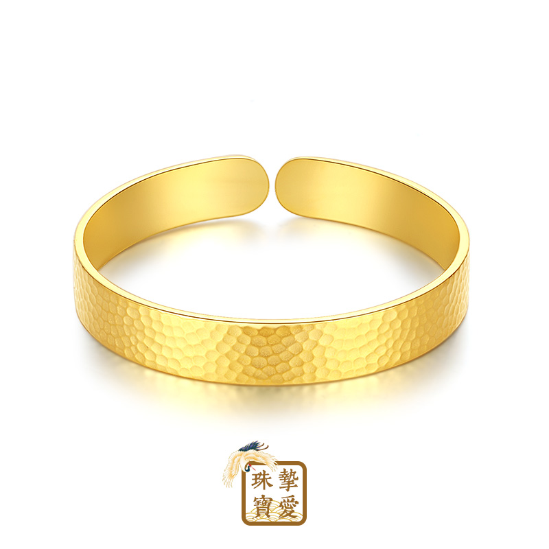 黄金锤纹手镯男足金手工开口手环磨砂实心金镯子金包银金饰不变形