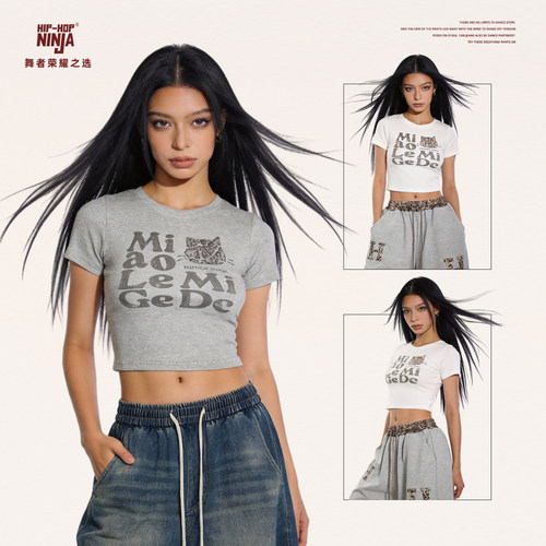 HIPHOPNINJA美式辣妹豹纹小猫印花短袖圆领T恤女修身显瘦潮牌上衣