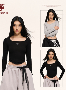 HIPHOP NINJA街舞复古波浪长袖T恤女修身大圆领爵士舞上衣jazz