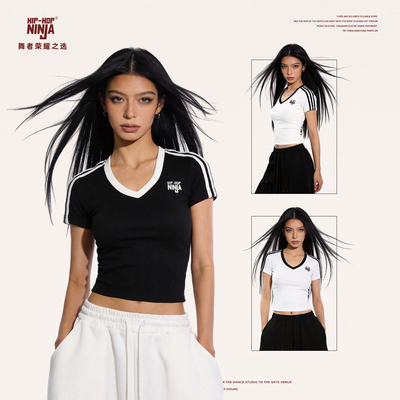 HIPHOP NINJA街舞美式复古三条杠v领短袖T恤女爵士舞辣妹紧身上衣