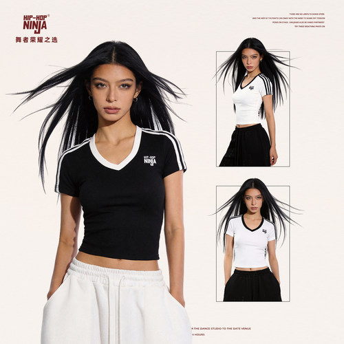 HIPHOP NINJA街舞美式复古三条杠v领短袖T恤女爵士舞辣妹紧身上衣