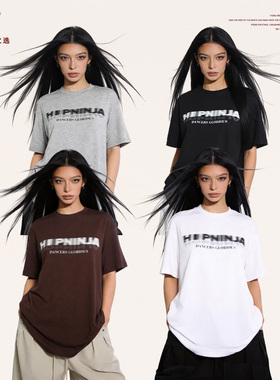 HIPHOP NINJA美式字母LOGO印花圆领短袖T恤女休闲百搭宽松上衣