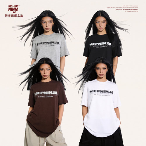 HIPHOP NINJA美式字母LOGO印花圆领短袖T恤女休闲百搭宽松上衣
