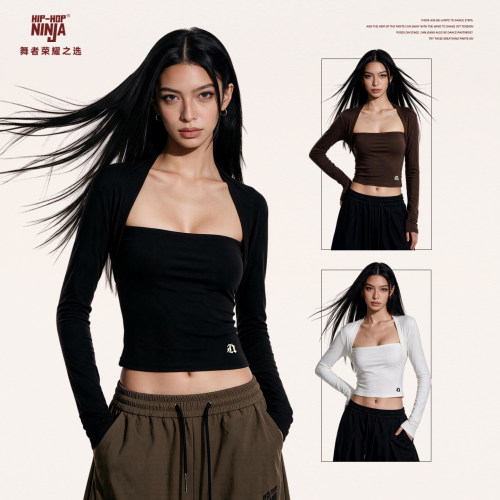 HIPHOP NINJA美式复古方领长袖T恤女辣妹修身打底衫上衣内搭显瘦
