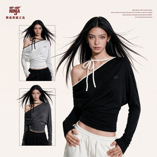 HIPHOP NINJA 美式复古闪钻斜肩绑带挂脖长袖T恤女KPOP爵士舞上衣