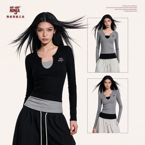 HIPHOP NINJA 新款假两件V领简约穿搭长袖T恤女显瘦修身打底上衣