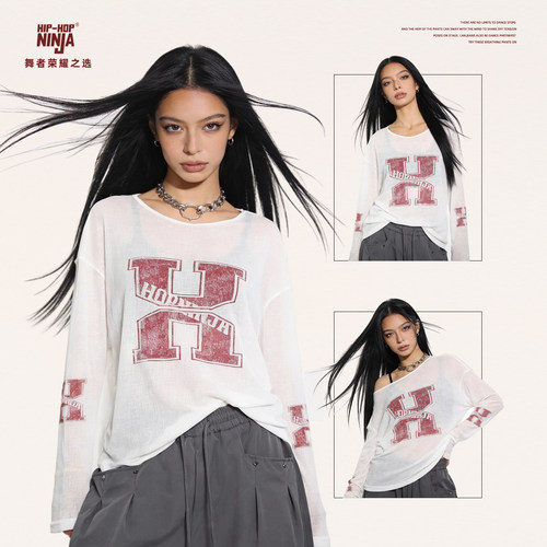 HIPHOP NINJA夏季慵懒风微透印花长袖罩衫女跳爵士舞宽松上衣防晒