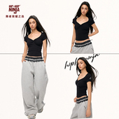 NINJA街舞美式 复古V领短袖 T恤跳爵士舞修身 HIPHOP 显瘦上衣夏季 女