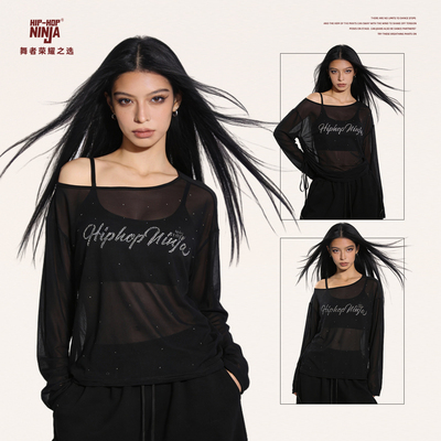 HIPHOP NINJA夏季慵懒风网纱烫钻长袖罩衫女跳爵士舞宽松上衣