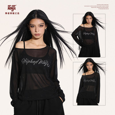 HIPHOP NINJA夏季慵懒风网纱烫钻长袖罩衫女跳爵士舞宽松上衣