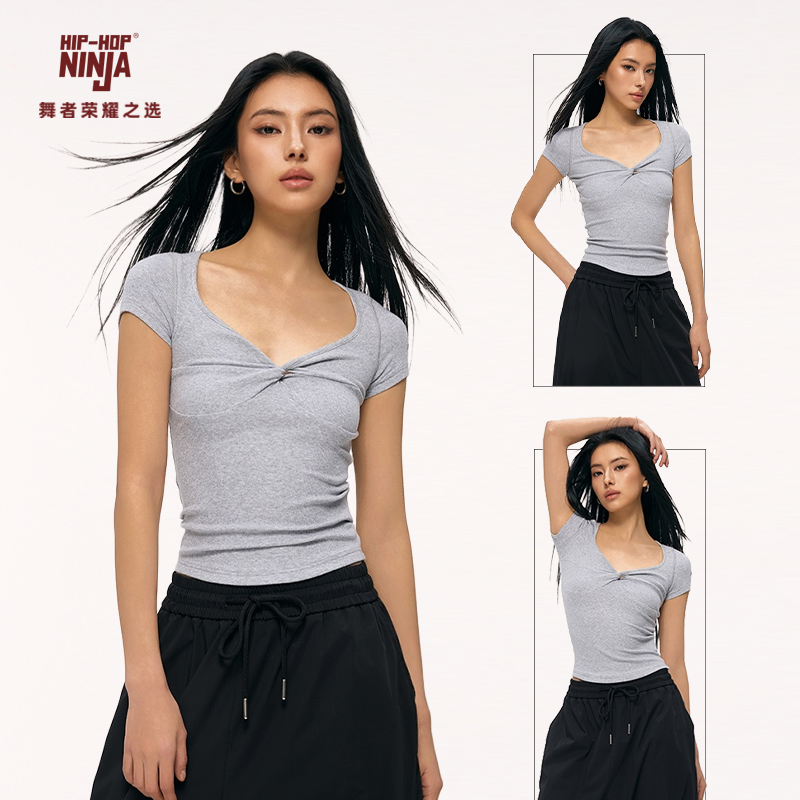 HIPHOP NINJA街舞美式上衣跳爵士舞修身显瘦复古V领短袖T恤夏季女
