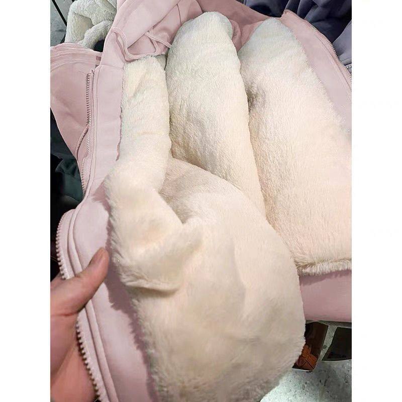 加绒卫衣外套女秋冬款超厚冬天新款冬季加厚粉色羊羔毛绒棉服正肩