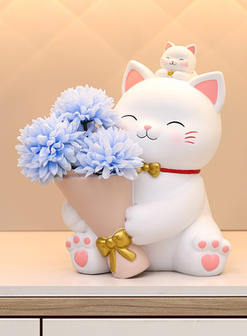 招财猫捧花摆件轻奢树脂工艺插花办公桌面装饰乔迁新居礼物摆件