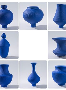 景德镇高温陶瓷花瓶中式简约克莱因蓝系列九件套