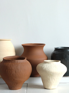 北欧侘寂风软装民宿酒店景德镇手工陶艺陶瓷花瓶复古粗陶