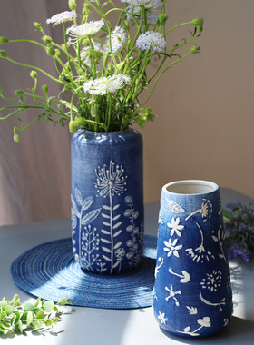 青花瓷花瓶陶瓷复古花瓶蔚蓝之境插花装饰摆件手绘浮雕花瓶花器