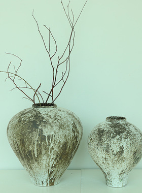 侘寂风摆件陶瓷花瓶复古粗陶罐台面花盆室内民宿家居花器装饰摆设