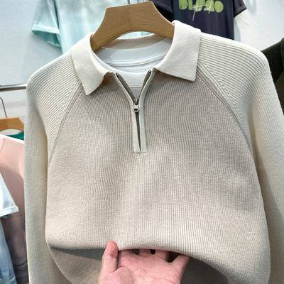 男士毛衣秋冬季翻领polo衫半拉链针织衫线衣轻奢侈品牌带领上衣服