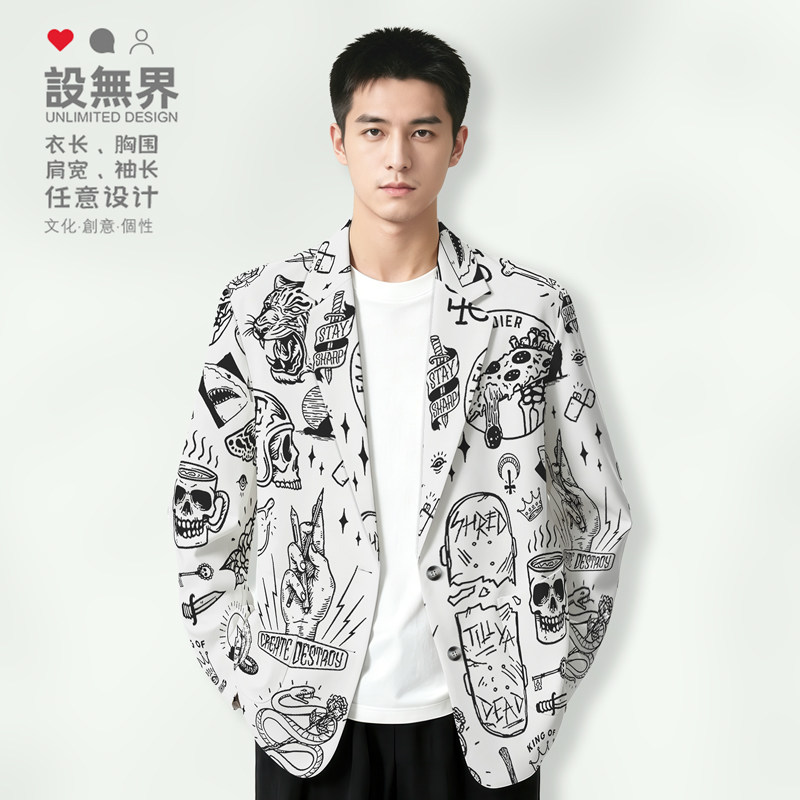欧美街头滑板涂鸦手绘线描骷髅纯色西装外套男女ins潮牌潮设 无界