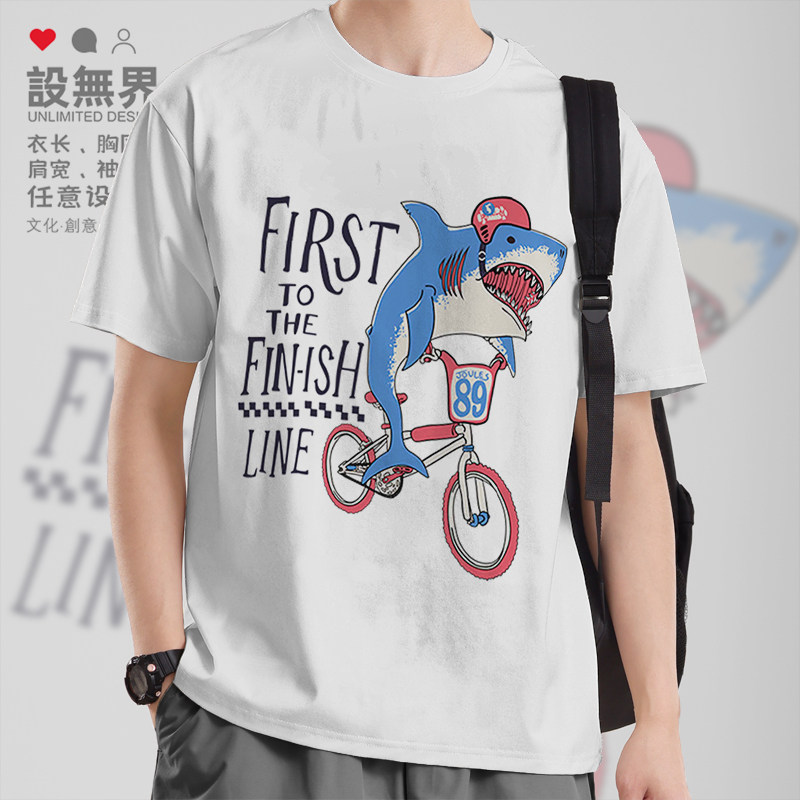 大白个性趣味鲨鱼骑自行车印花纯棉短袖T恤男女休闲夏服装设 无界