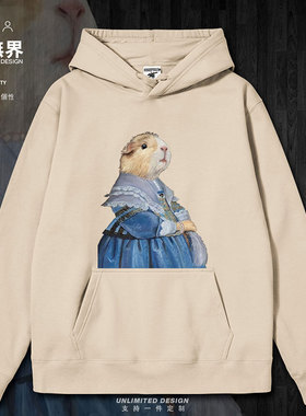 油画蓝色裙子豚鼠妇女创意恶搞连帽卫衣男女加绒帽衫定制设 无界