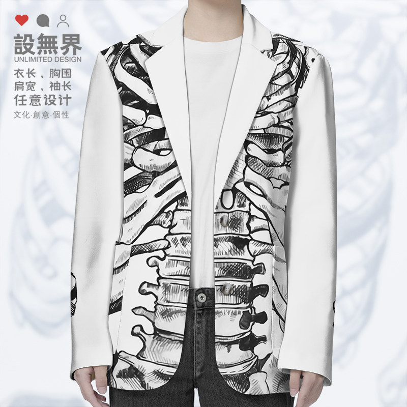 人体骷髅黑暗骨头手绘插画西装外套男女创意原宿风夏000A设 无界