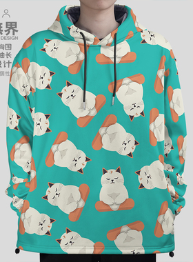 瑜伽猫咪冥想打坐可爱卡通图案大码连帽卫衣男装女装0018设 无界