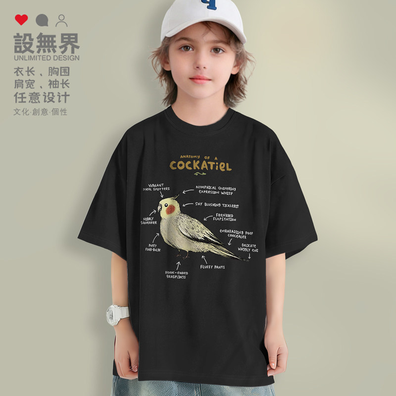 趣味日系鹦鹉分解图田园落肩T恤男女童装ins卡通图案夏季设 无界