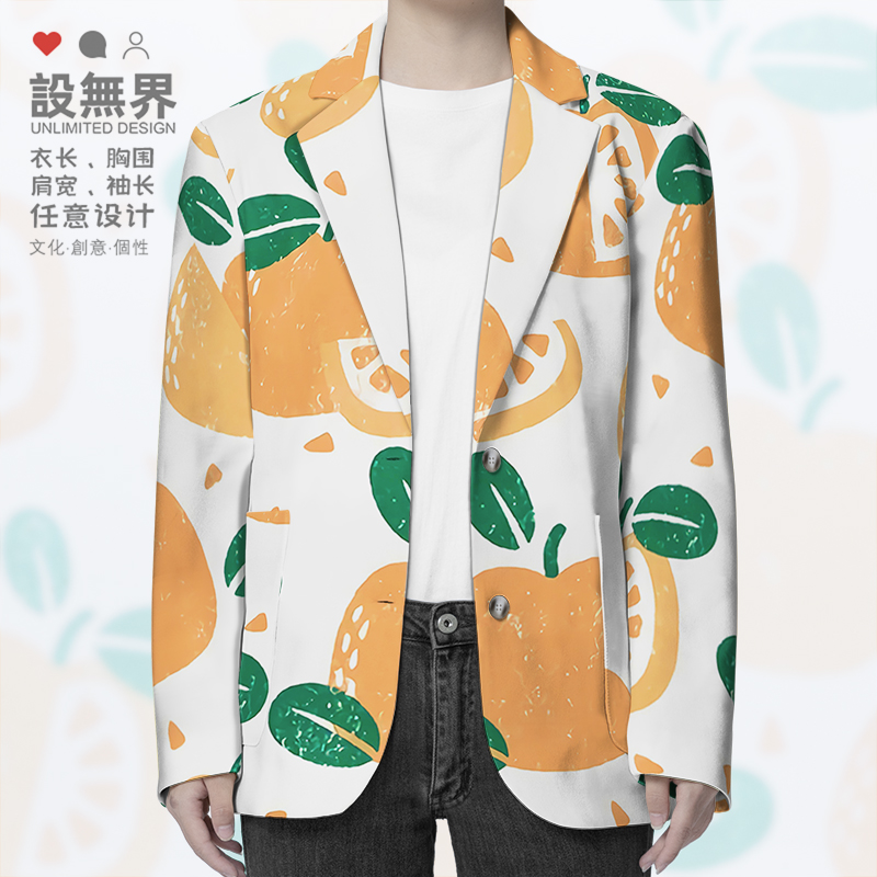 撞色手绘版画水果大橘子小众设计感西装外套男女小清新夏设 无界