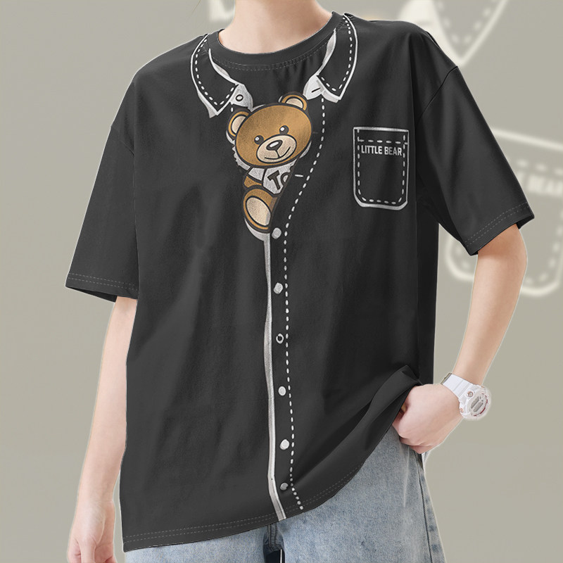 日系可爱3D线条小熊探头简约T恤