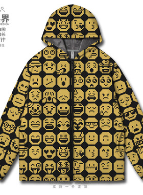 像素风格emoji表情符号黄色潮流大码开衫卫衣男女装拉链秋设 无界